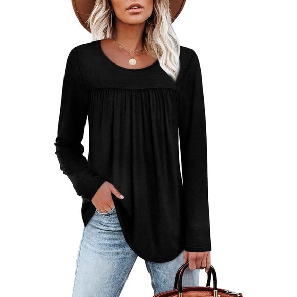 Long Sleeve Shirts for Women Pleated Fall Tops Crewneck Casual Tunic Tops to Wea - Picture 4 of 5